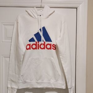 Adidas Men's White Hoodie with Blue and Red Accents